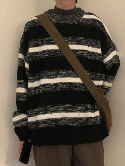 Vintage Striped Men's Knitted Sweater Pullovers Black Distressed Sweaters Male Oversize Japanese Streetwear Hip Hop