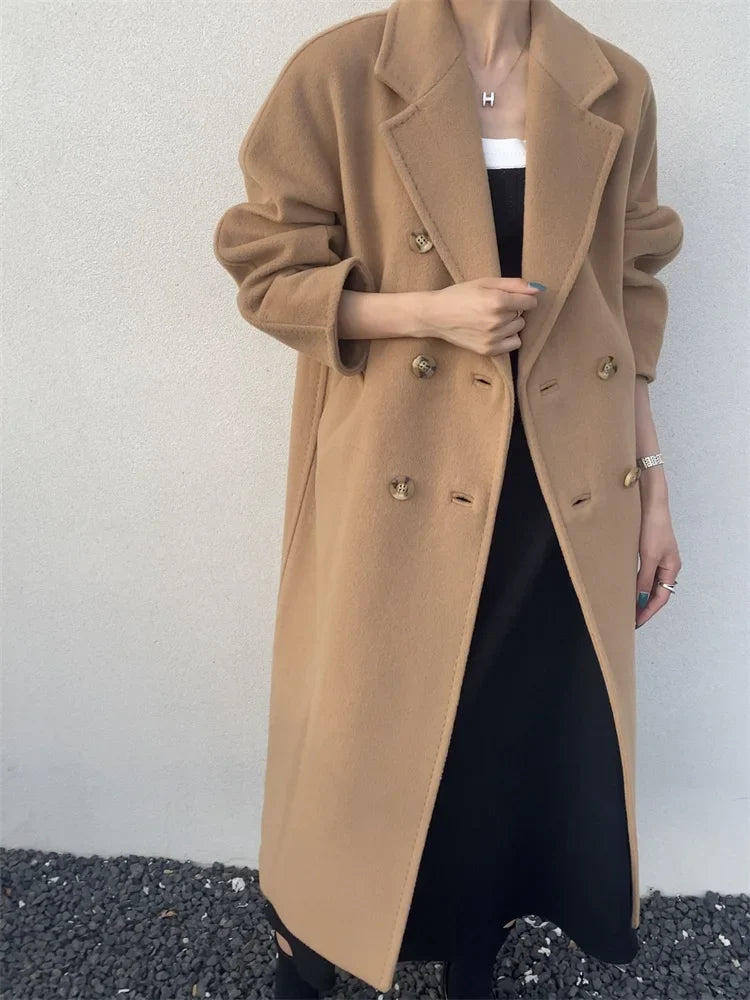 xsrrr High-end Double-sided Cashmere Coat Women Mid-length New Fashion Thick Double-breasted Long Sleeve Woolen Coat Fit Autumn Winter