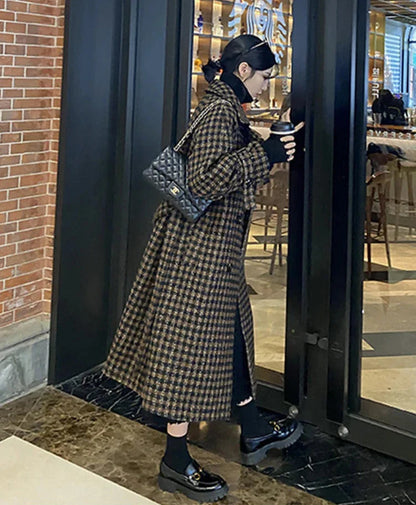 xsrrr Autumn Winter Long Loose Casual Soft Plaid Woolen Coat Women Double Breasted Stylish Chic Luxury Designer Clothes