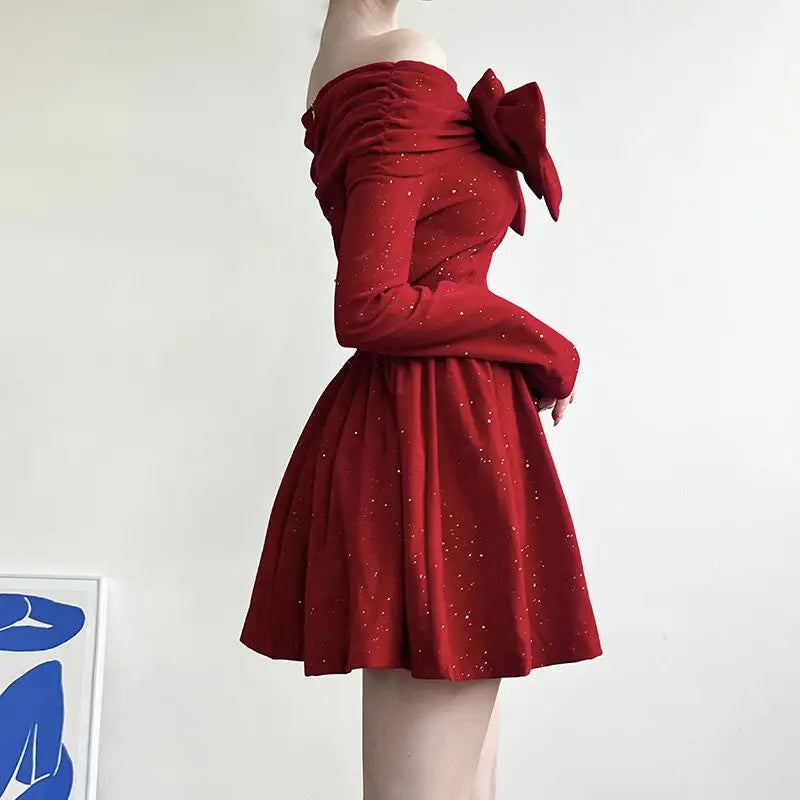 xsrrr NEW YEAR DRESS Holiday Christmas Bow Velvet A-Line Red Dress Slim Slash Neck Long Sleeve Mini Dresses For Women Autumn Winter Lady