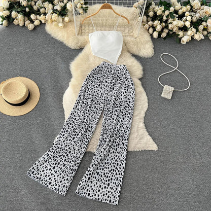 xsrrr Summer Spaghetti Strap Crop Tops and Pantsuit Women Elegant Floral Casual Chic Beach Holiday Outfits Female Sexy 2 Pieces Set