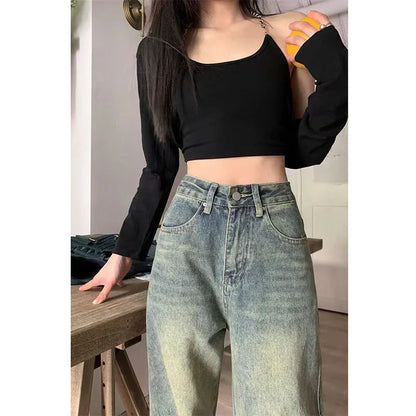 xsrrr Vintage Wide Leg Jeans for Women Streetwear High Waist Loose Straight Denim Pants Female 2024 Spring Wild Casual Trousers