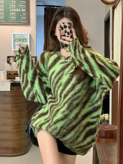 Hnewly Women's Clothes Sweater Loose Korean Fashion Leisure Green Crew Neck Tiger Stripes Pullover Long Sleeves Knitting Autumn Tops