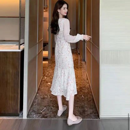 xsrrr Vintage Floral Trumpet Dress Women French Sweet Long Sleeve Fairy Midi Dress Female Autumn Evening Elegant Princess Dresses