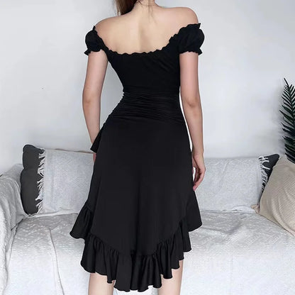 xsrrr Summer Black A-LINE Dress Women Streetwear Sexy Off Shoulder Short Sleeves Ruffled Mid Length Dresses Club Elegant Partywear