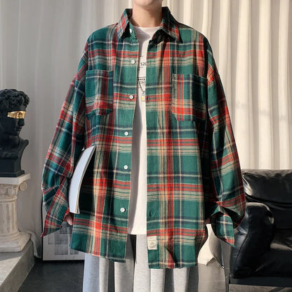 Autumn Long Sleeved Shirt Men Fashion Oversized Plaid Shirt Men Streetwear Korean Loose Casual Shirts Mens Large Size M-5XL