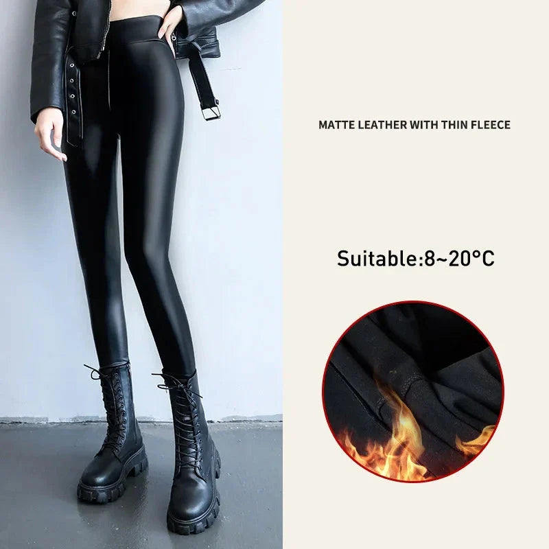 xsrrr Autumn Winter Black Fleece Matte Leather PU Leggings Women's High Waist Elasticity Lift Buttock Trousers Skinny Legging Pants