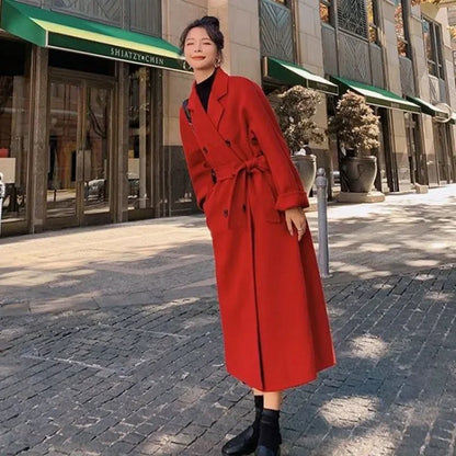 xsrrr New Large Size Hepburn Style Red Woolen Coat for Women Autumn and Winter Fat Mm Loose Long Thick Woolen Coat