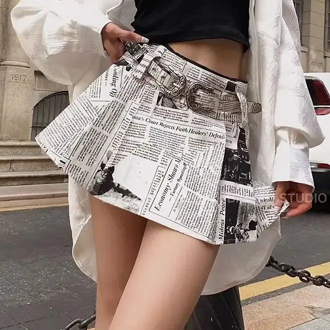 Hnewly Newspaper Short Skirt Printed Pleated High Waist Spicy Girl For Women Summer New Fashion Causal A-Line Short Skirt Women