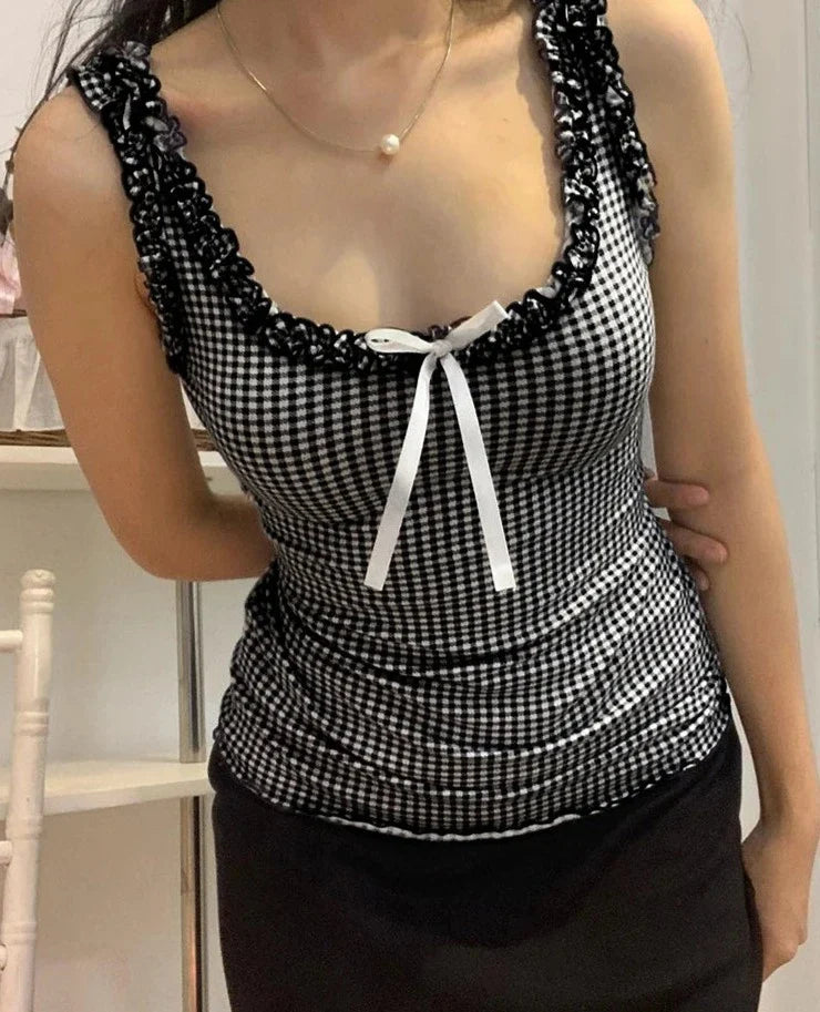 xsrrr Sweet Bow Ruffles Plaid Tank Top Slim Square Collar Sleeveless Tank Tops Women 2024 Summer Fashiion Streetwear Ladies