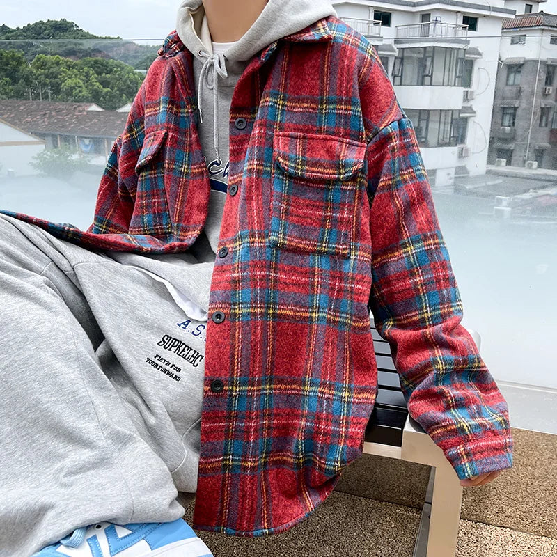 Thick Plaid Woolen Coat Men Warm Oversized Retro Thickened Woolen Jacket Mens Streetwear Korean Loose Short Woolen Coat Men