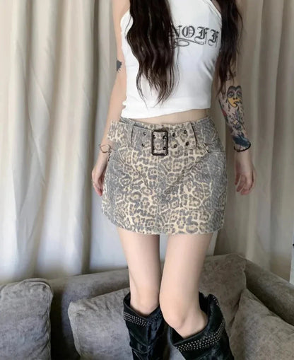 xsrrr Women Punk Vintage Y2K Slim Retro Trashy Jeans Skirts Summer Casual Female Hotsweet Leopard Print Mini Denim Short Skirt