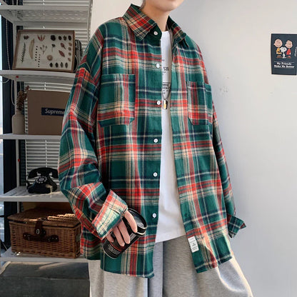 Long Sleeved Shirt Men Oversized Fashion Retro Plaid Shirt Men Streetwear Loose Casual Shirt Mens Vintage Shirts Plus Size 5XL