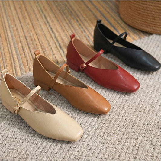 xsrrr Woman Spring Casual Square Toe Low Soft Soled Shoes Lolita Ballerina Red Flats Female Elegant French Retro Buckle Mary Janes