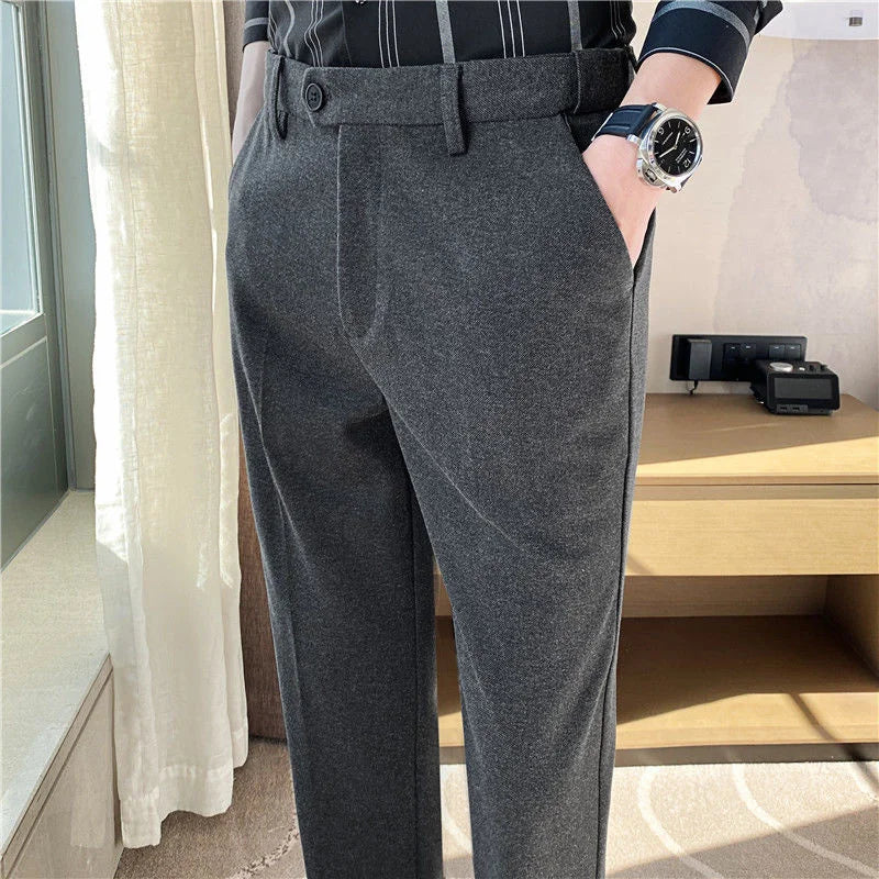 Thick Men's Suit Pants Autumn Winter Brushed Woolen Loose Slim Solid Youth Pants Trend Casual Business Pencil Trousers Oversized