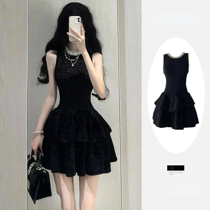 xsrrr French Black Vintage A-line Dress Women 2024 Summer Sequins Y2k Design Elegant Even Party Dress Female Solid Korea Style Clothes