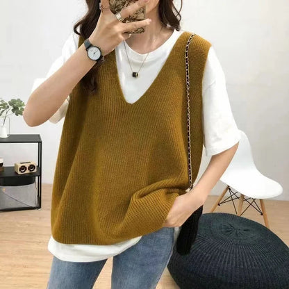 xsrrr New Korean Style Sleeveless Knitting V-neck Female Sweater Vest Loose Casual Office Ladies Autumn Women's Sweater Vest