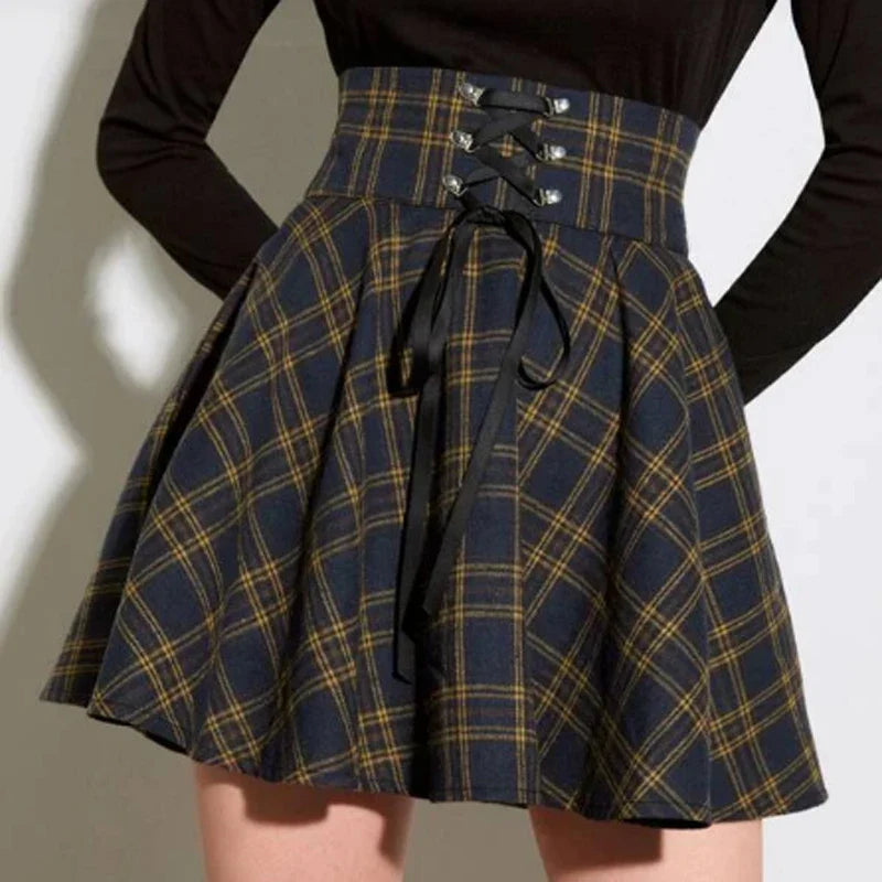 xsrrr Vintage Y2K Punk Sexy High Waist Mini Skirts Purple Plaid Bandage Harajuku Aesthetic Skirt Goth Grunge Cake Skirt Streetwear