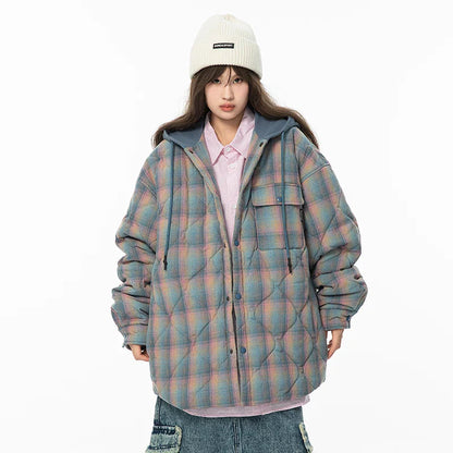 Winter Jacket Men Warm Fashion Thickened Plaid Jacket Men Oversized Streetwear Korean Loose Short Coa Mens Couple Thick Hooded Jackets