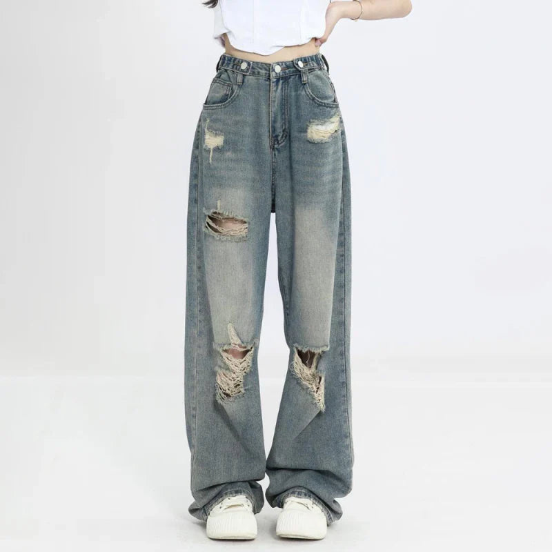 xsrrr Vintage Y2K Ripped Jeans Women Blue High Waist Straight Loose Denim Trousers Wide Leg Pants Streetwear Oversize