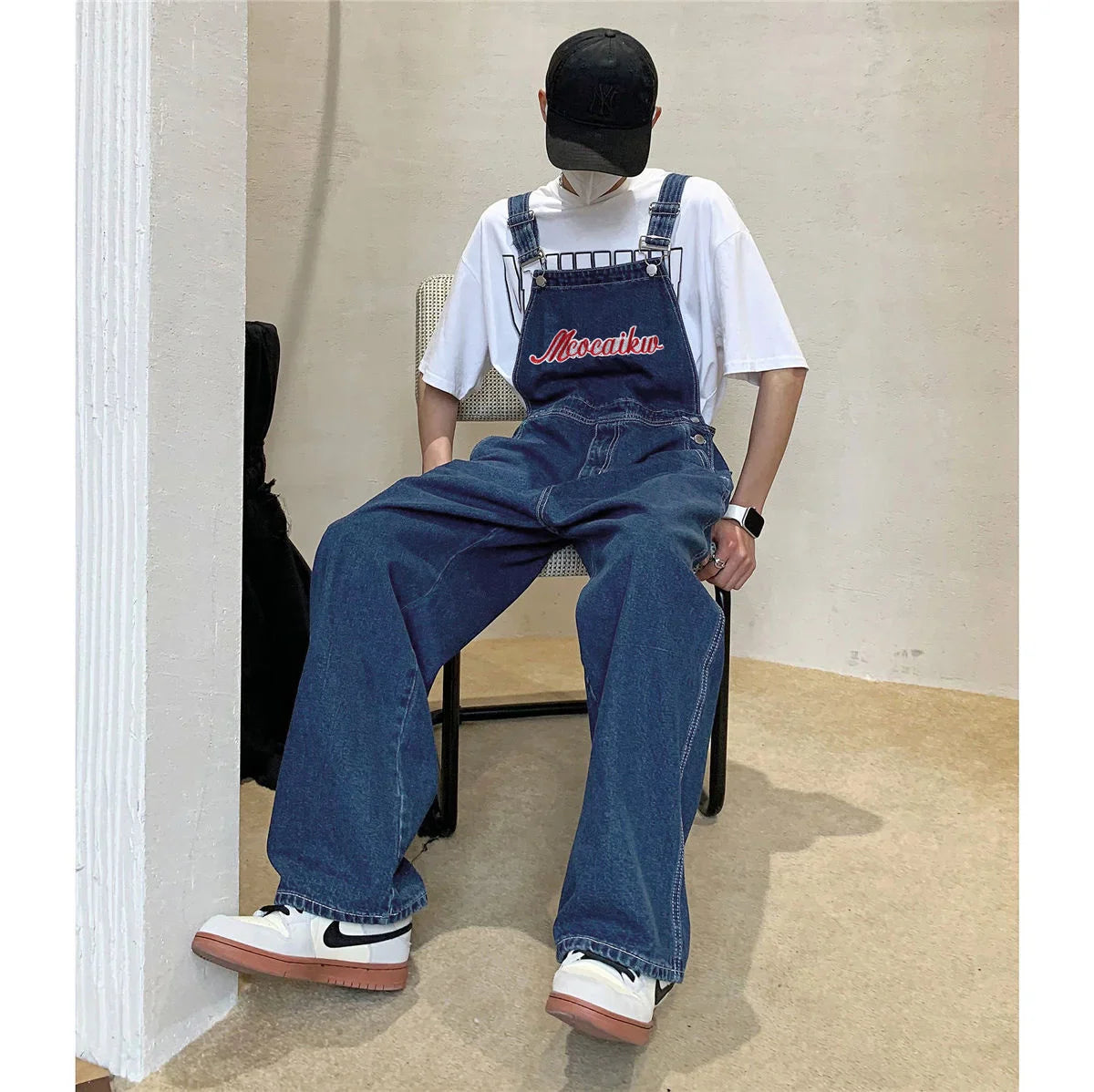 Loose Printed Letters Jeans Blue Overalls Men's Oversize Casual Hiphop Straight Wide-leg Pants Four Seasons Work Denim Trousers