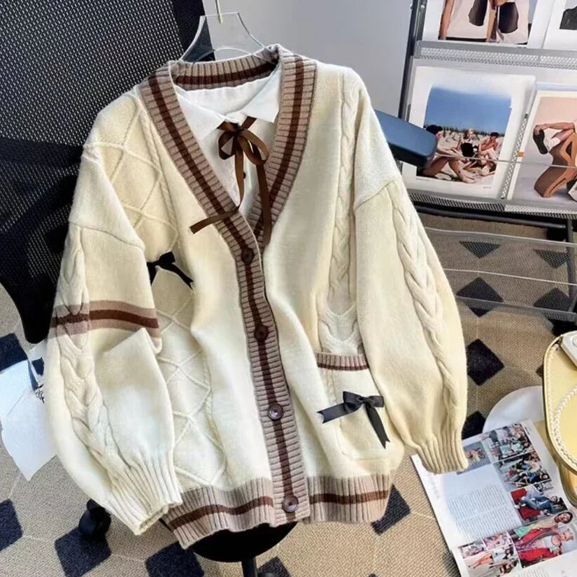 xsrrr Sweet Bow Knitted Cardigans Y2k Aesthetic All Match Contrast Color Coats Fashion Single Breasted Women Kawaii JK Sweaters Jumper