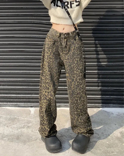 xsrrr Vintage Leopard Print Pantalon Femme Wide Leg Pants Women High Waist Straight Y2k Jeans Casual Fashion Korean  Jean Trousers