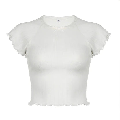 xsrrr y2k White Short Sleeve Cropped Top Sweet Ruched O Neck Skinny T Shirts Sexy Hollow Out See Through Women T-shirt Vintage