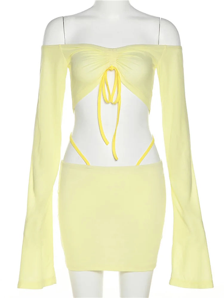 xsrrr Y2K Aesthetics Sexy Co-ord Sets Yellow 2000s Clubwear Off Shoulder Flare Sleeve Crop Tops and Micro Skirt 2 Piece Suits