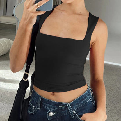 xsrrr Solid Black Square Collar Crop Top Women Sleeveless Basic Tank Tops Vintage Casual Ladies Vest Harajuku Y2k Summer Tees