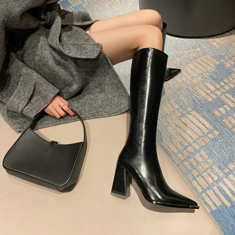 xsrrr Pointed Toe Women High Boots Fashion Side Zippers Long Booties Ladies Elegant Party High Heel Shoes Winter Women's Footwear