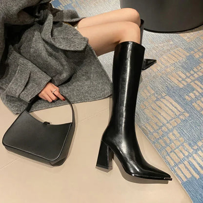 xsrrr Pointed Toe Women High Boots Fashion Side Zippers Long Booties Ladies Elegant Party High Heel Shoes Winter Women's Footwear