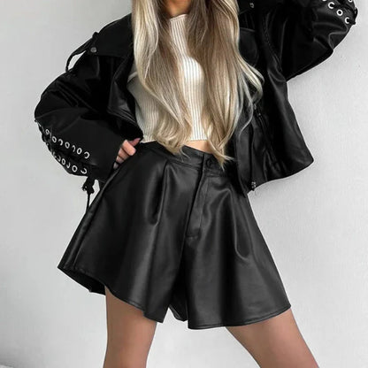 xsrrr Black Leather Shorts Women Autumn Winter Pleated High Waist Sexy Pu Shorts Casual Wide Leg Shorts Female Office Ladies