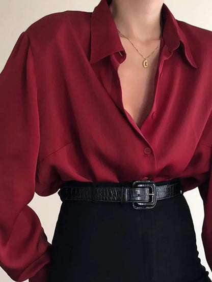 xsrrr Women Button Blouses Turn Down Collar Shirts Office Lady Long Sleeve Casual Blouse Loose OL Shirt Baggy Tops Red/Wine Red /Black