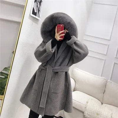 xsrrr New woolen Coat Oversize Ladies Outerwear Winter Women Natural Fox Fur Collar Cuffs Jacket Hood Cashmere Wool