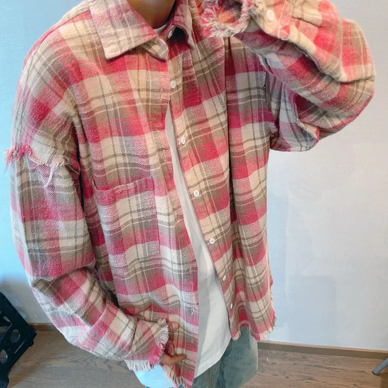 2024 Loose Casual Pink Plaid Shirt Tops men's Clothing Autumn Retro Versatile Cotton Lapel Oversize Long Sleeve Shirt Blouse