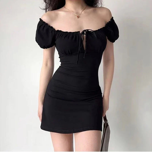 xsrrr DRESS TO IMPRESS Summer Sexy Mini Dress Women Short Sleeved Lace up Hollow Casual Backless Folds Bodycon Black Dress Party Elegant A-LINE Dresses