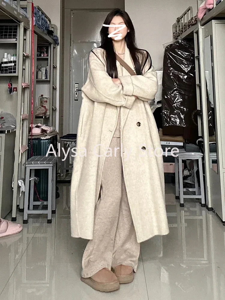 xsrrr Winter Korean Long Woollen Coat Women Double Breasted Chic Warm Loose Casual Coat Female Fashion Office Lady Trench Jackets