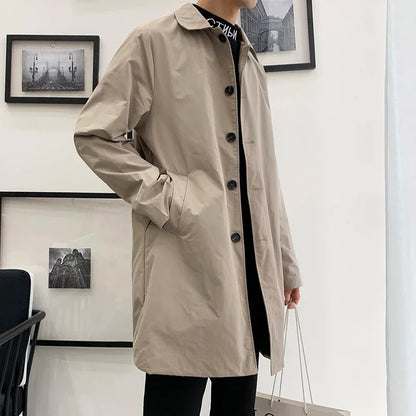 Men Trench Coat Loose Fit Long Lapel Single Breasted Windbreaker Fashion Jacket Office Button Overcoat Oversized Men Clothing