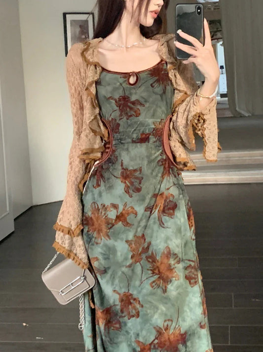 xsrrr DRESS TO IMPRESS Vintage Elegant Floral Slip Dress Women Hollow Out Designer Korean Velvet Long Dress Female Autumn Matching Two Piece Dress Set