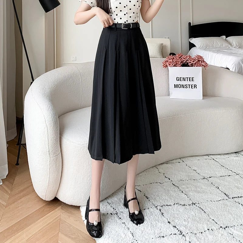 xsrrr Spring Summer High Waist Midi Pleated Skirts Womens Fashion A-line Casual Suit Skirt Ladies Elegant Vintage Umbrella Skirt