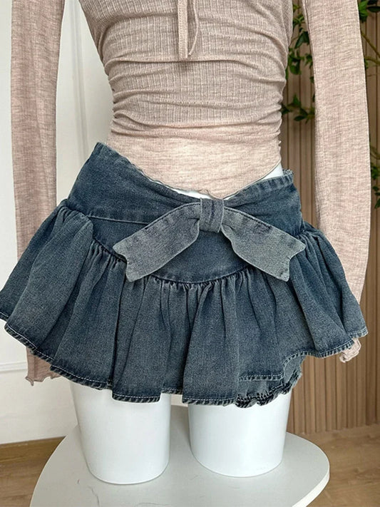 xsrrr A-line Women Denim Blue Jean Skirts Shorts Summer Bow Hot Girls Mini Skirt Streetwear Sexy Y2k Irregular Kawaii Coquette