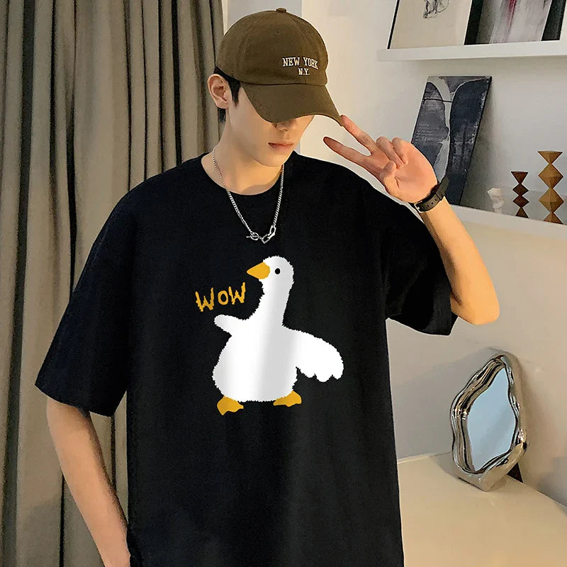 Summer Men's Cotton T-Shirt Funny Goose Print Cartoon Short Sleeve Tops O-Neck Tees Y2k 2024 Anime Casual Oversized T Shirts Men