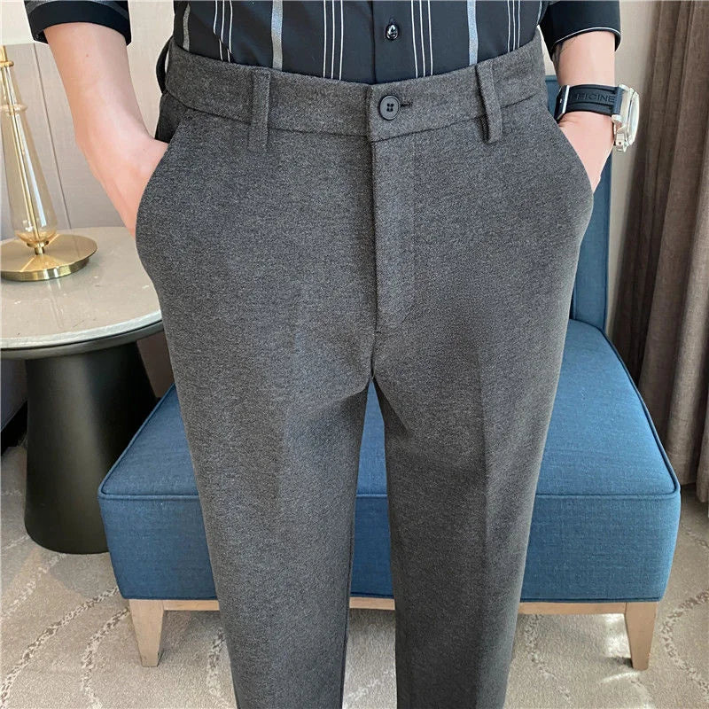 Mens Suit Pants Autumn And Winter Thick Brushed Woolen Loose Slim Solid Color Trend Casual Business Small Foot Trousers Oversize