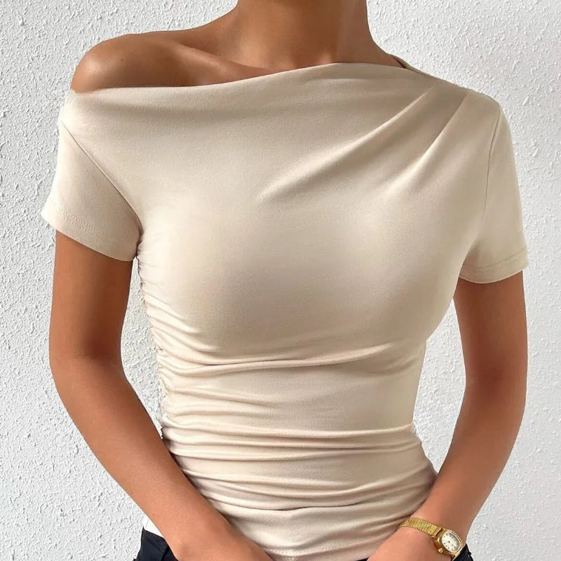 xsrrr Solid One Shoulder T-shirt, Elegant Short Sleeve Ruched Top For Spring & Summer, Women's Clothing