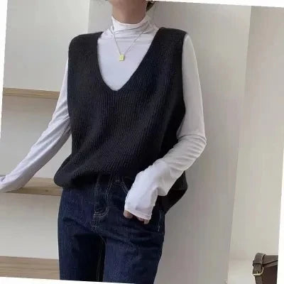 xsrrr New Korean Style Sleeveless Knitting V-neck Female Sweater Vest Loose Casual Office Ladies Autumn Women's Sweater Vest