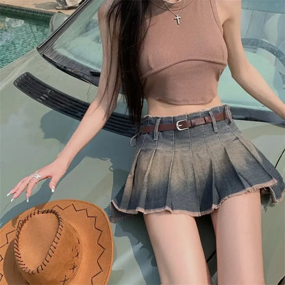 xsrrr Vintage Spicy Girl Denim Skirts Women's y2k Skirt High Waist Goth Skirt Slim A Line Ruffled Short Skirt Fashion Summer Jeans