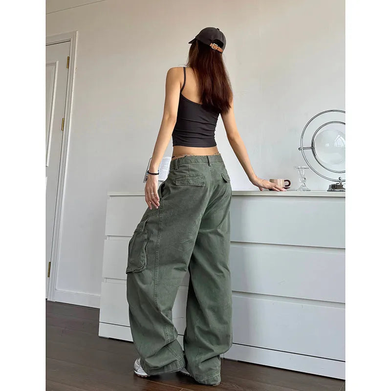 xsrrr NEW Green Jeans for Women High Quality High Waist American Wide Leg Pants Solid Y2K Vintage Straight Summer Trousers