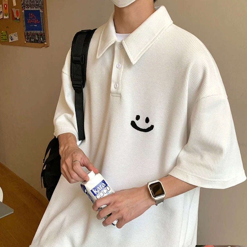 Smiley POLO Shirt Oversize Loose Casual All-match Tops Fashion Short-sleeved T-shirt Summer Sports Lapel Men's Clothes Thin