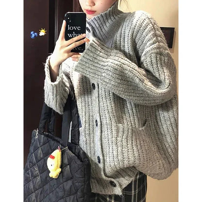 Hnewly Loose Lazy Sweater Women Twist Fashion Knit Autumn Winter Warm Cardigan Harajuku Stand Collar Gray Vintage Female Jumpers